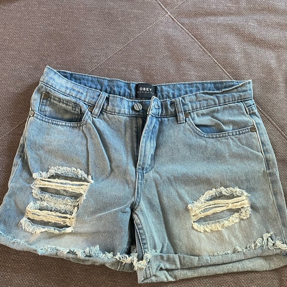 Obey Women's Distressed Denim Shorts - Blue - Picture 1 of 5